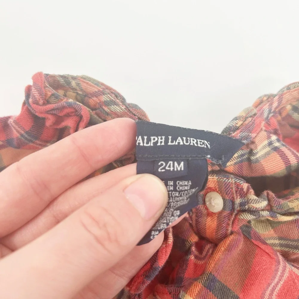 Ralph Lauren Baby Girls Tartan Plaid Long Sleeve‎ Ruffle Fall Cotton Dress 24M